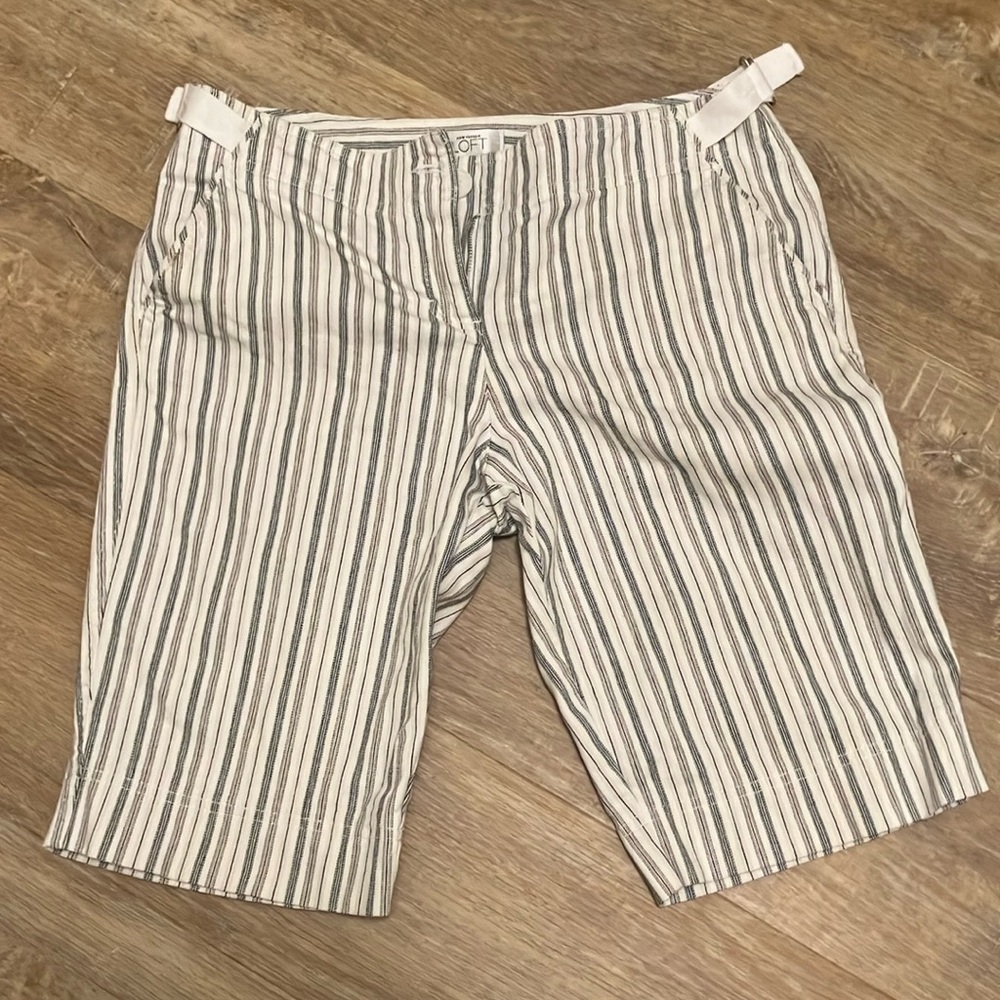 Loft white stripe with black and taupe pinstripes Bermuda shorts 100% cotton.